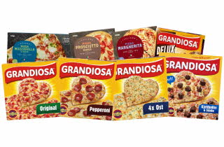 Et utvalg av Grandiosa- og Coop-frossenpizzaer.