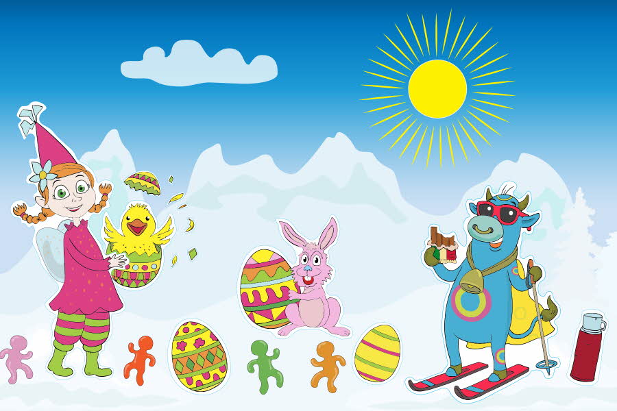 Illustrasjon av Amfelia og Oskar på påskefjellet sammen med påskekylling, påskeegg og seigmenn