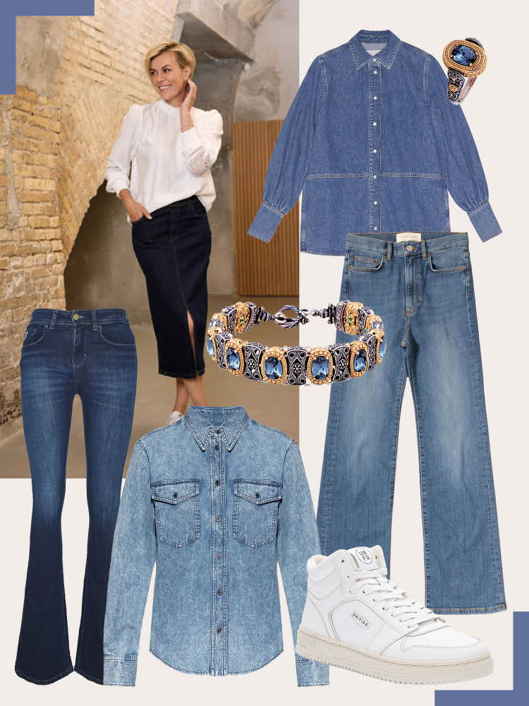 Damemodell i hvit bluse og denimskjørt. Olaskjorte, blå safir ring, jeans, bootcut jeans, armbånd med blå stener, olaskjorte, hvite høye sneakers.