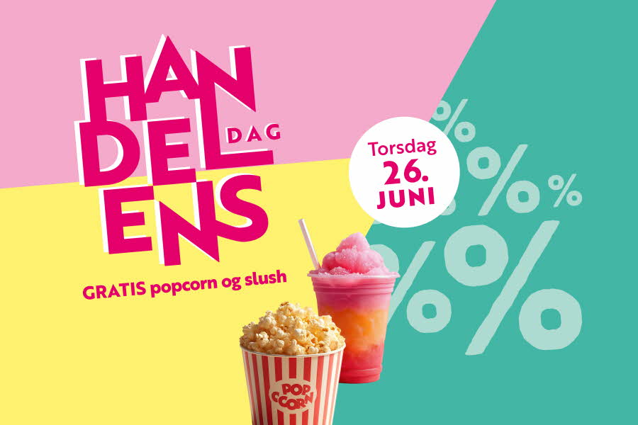 Rosa, gul og grønn bakgrunn med tekst "handelens dag - GRATIS popcorn og slush"
