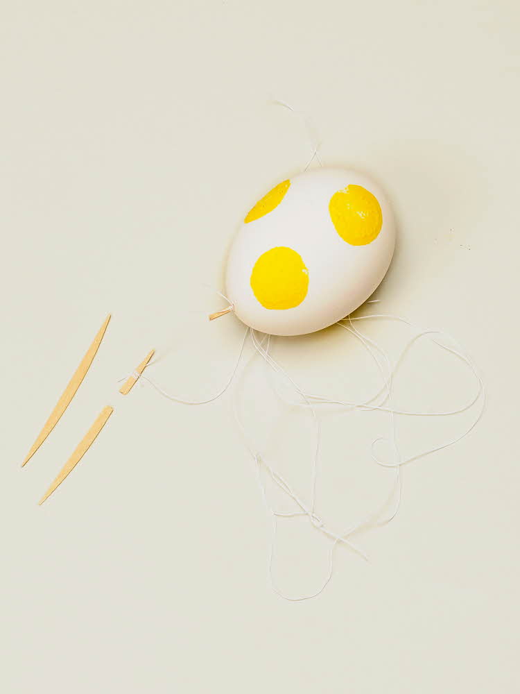 Et hvitt egg med store gule prikker malt på, og tannpirkere og hvit sytråd Gåsunger med påskedekorerte egg på