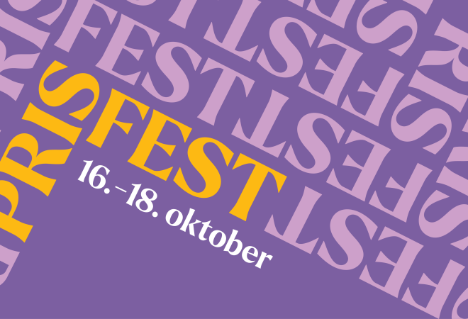 Grafisk lilla bilde med teksten "Prisfest - 16.-18. oktober"