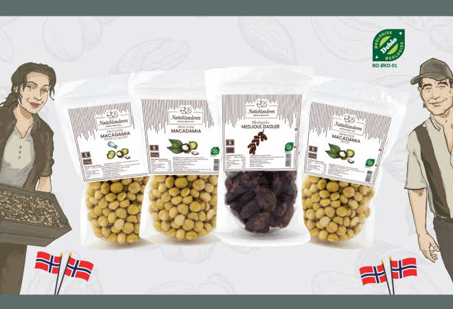 Tre poser med macadamia nøtter og en pose med medjoul dadler, med illustrasjon av to personer som titter inn fra hver side