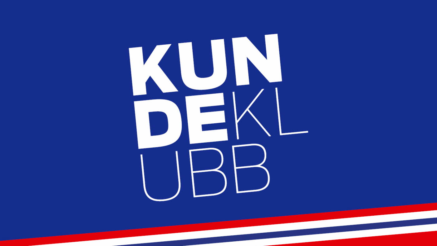 Blå bakgrunn med hvit tekst "kundeklubb" med norges flagg-farger i striper nederst.
