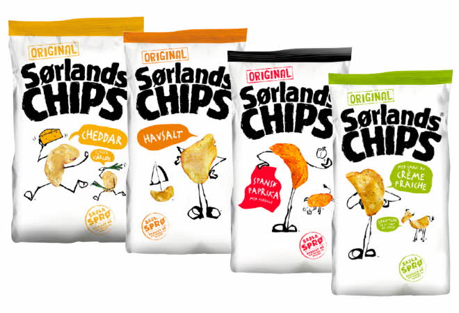 4 varianter av Sørlandschips.