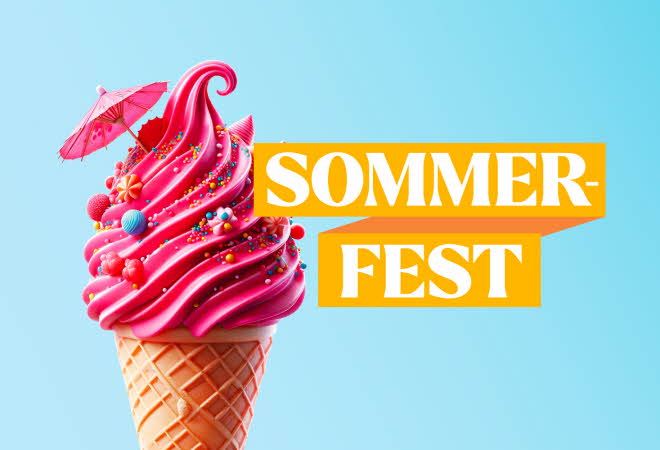 Grafisk bilde med iskrem i kjeks og teksten "Sommerfest"