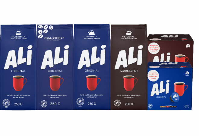 6 pakker med Ali kaffe i ulike varianter.
