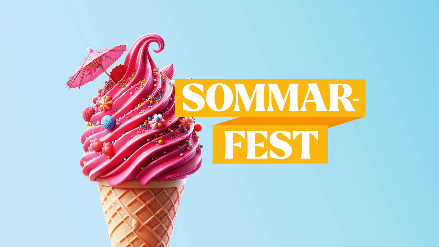 Grafisk bilde med iskrem i kjeks og teksten "Sommarfest"