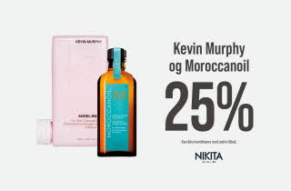 Bilde av hårprodukter med teksten "Kevin Murphy og Moroccanoil 25% NIKITA"