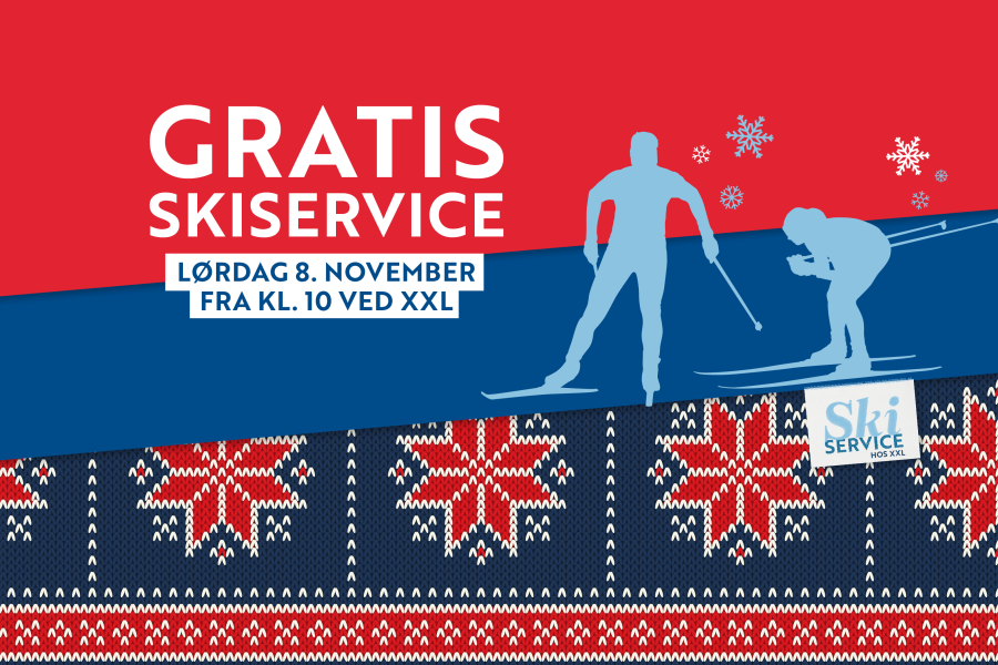 Rød og blå bakgrunn med Mariusmønster og illstrasjon av skigåere med tekst "GRATIS Skiservice lørdag 8. nov kl. 10 ved XXL"