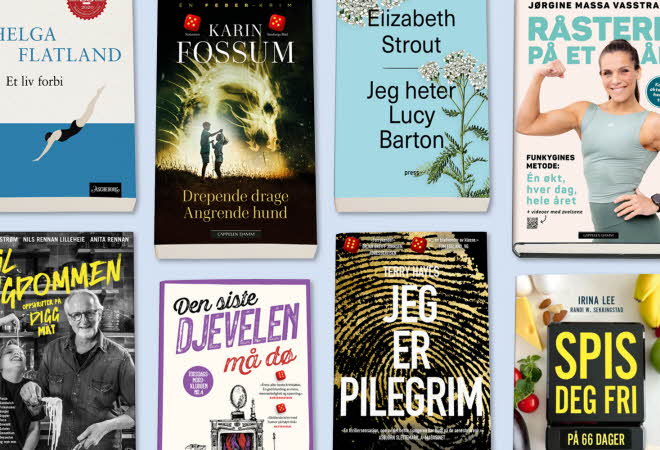 Bokomslag for åtte titler i ulike sjangre, inkludert romaner, krim og livsstil.