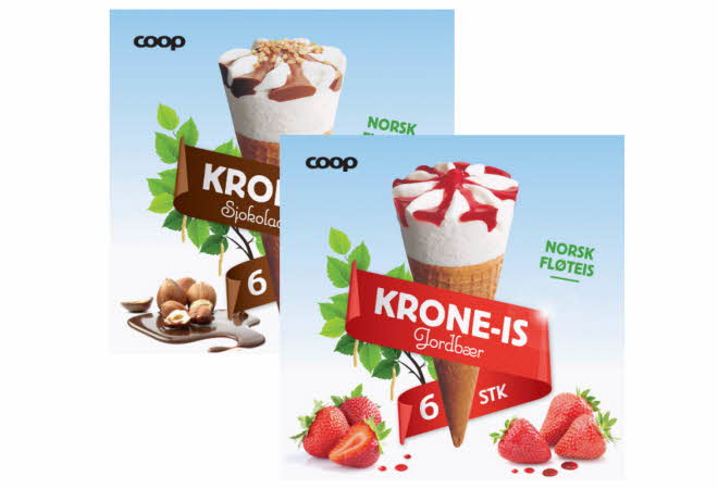 To esker med Coop krone-is, en med sjokolade og den andre med jordbær smak.