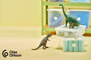 To oppbevaringsbokser med ting inne i, og tre miniatyr dinosaurer stående oppe på