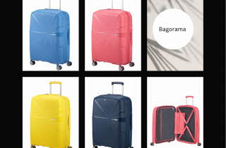 Koffert i 4 ulike farger, rosa, blå, sort, gul og en koffert som står åpen