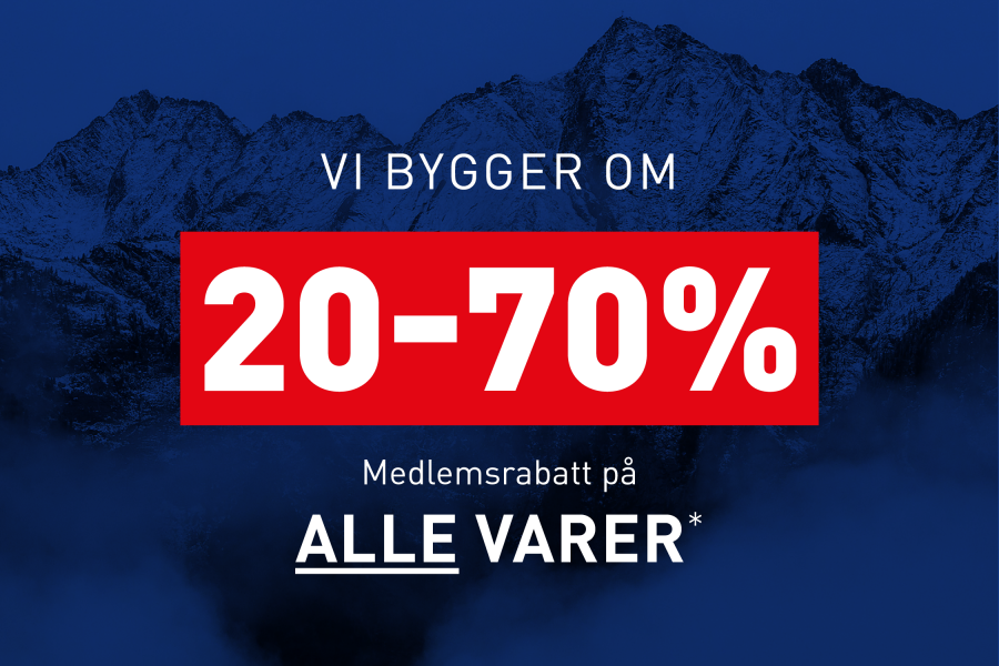 Blå bakgrunn med fjellandskap og teksten "Vi bygger om, 20-70% medlemsrabatt på alle varer*"