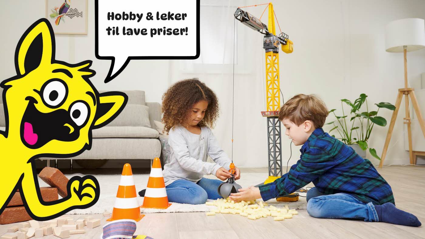 Barn som leker og maskoten til Kids Outlet