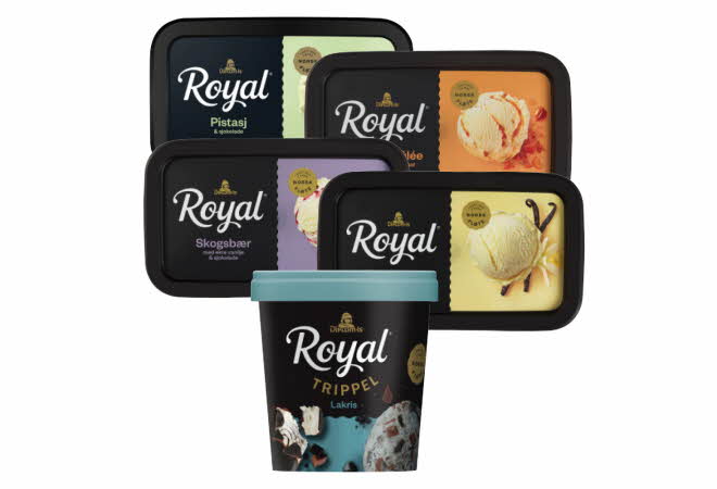 Fem forskjellige bokser med Diplom-Is royal.