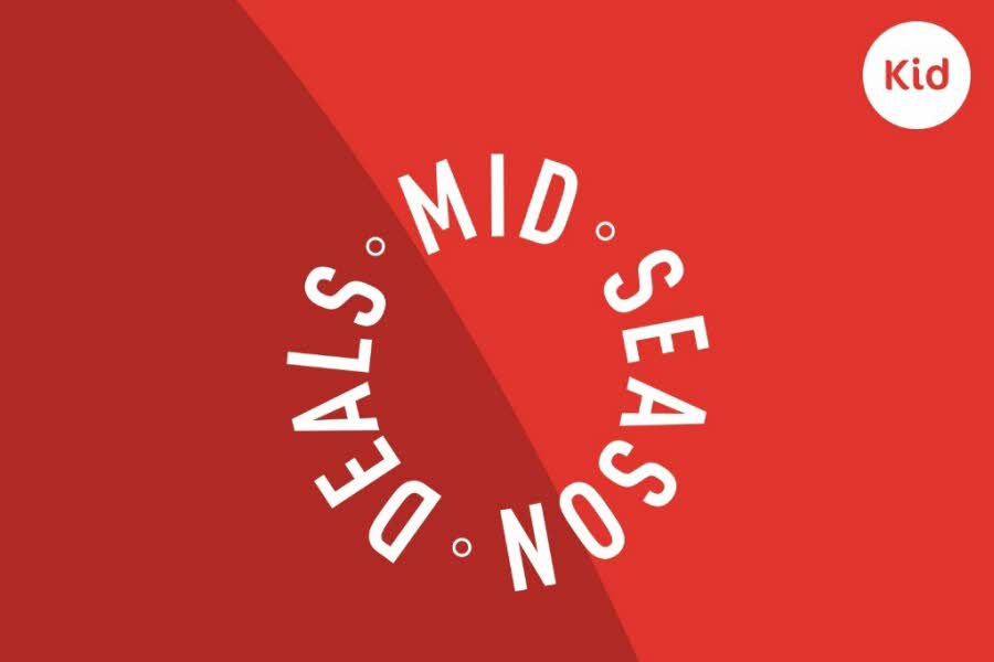 Rød bakgrunn med Kid Interiør-logo og tekst "deals mid season"