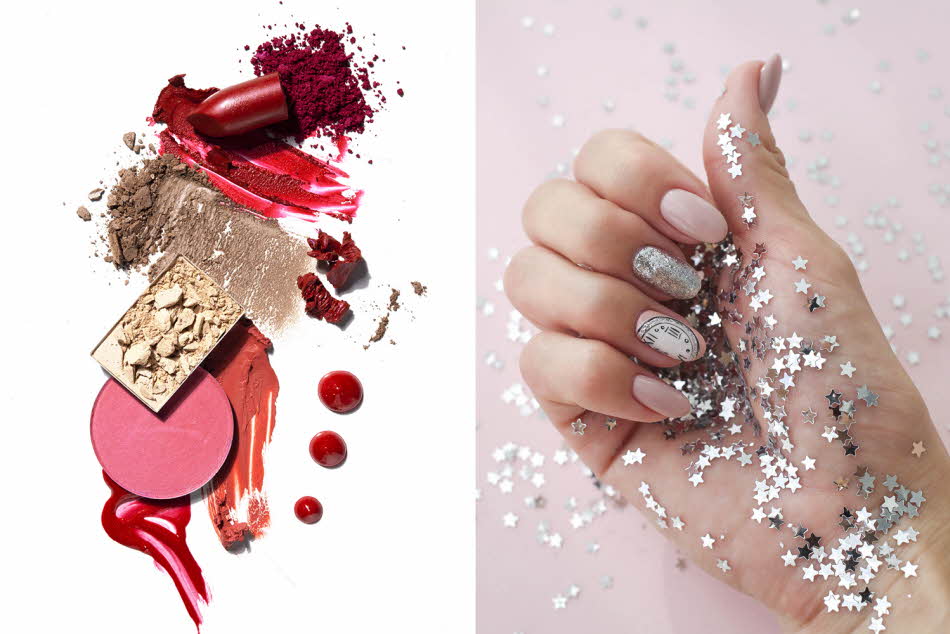 Knust sminkepulver og en hånd med glitterstjerner
