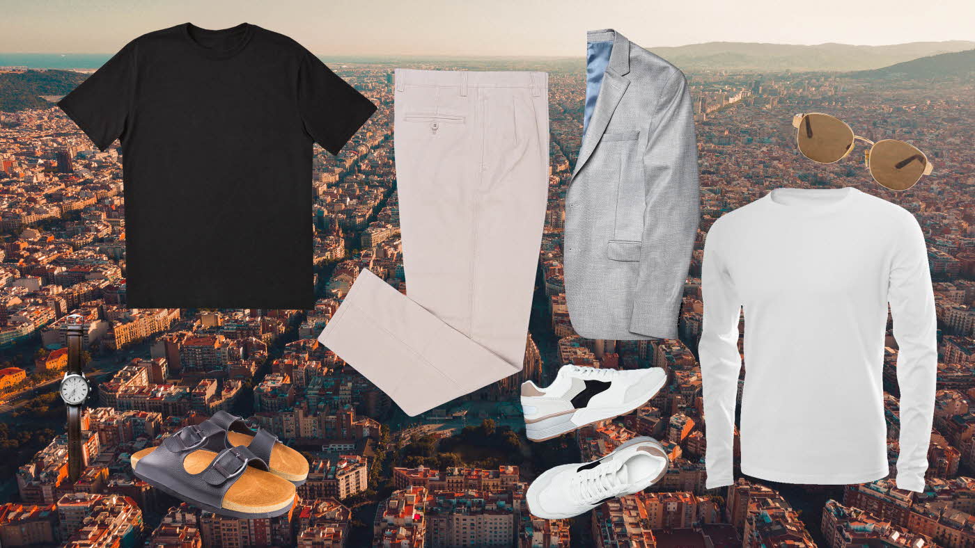 Collage med svart t-skjorte, chinos, solbriller, grå dressjakke, hvite sneakers og birkenstocks sandaler.