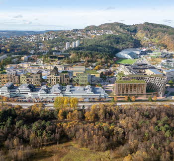 Illustrasjon viser et flyfoto av eksisterende Åsane sentrum, hvor nye planlagte bygninger er tegnet inn i grønt.