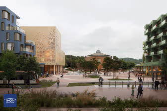 Illustrasjon viser det nye torget som skal bygges i Åsane, med eksisterende kirke i bakgrunnen.