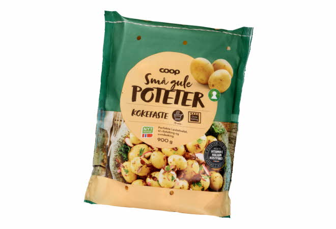 En pose med små gule poteter fra Coop.