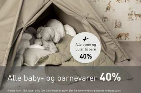 En babytelt med kosebamser i og teksten "alle baby- og barnevarer 40%"