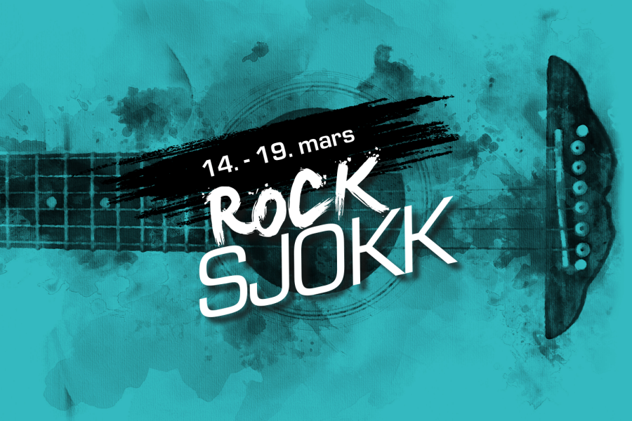 blågrønn bakgrunn, svart gitar, Rocksjokk-logo og datoene 14.-19. mars