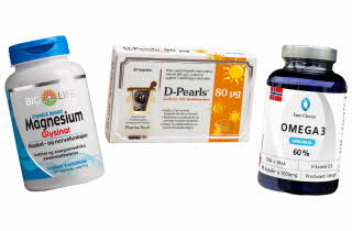 Tre kosttilskudd: magnesium, vitamin D3 og omega-3 kapsler.