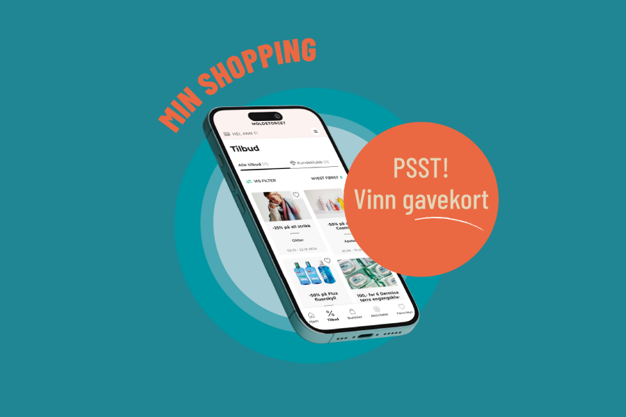 Smarttelefon på turkis bakgrunn med Min Shopping-app tittel og psst! Vinn gavekort boble