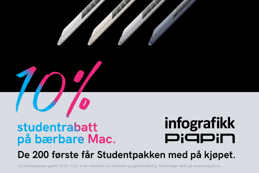Tastaturet på en bærbar mac med tekst: "10% studentrabatt på bærbare mac"
