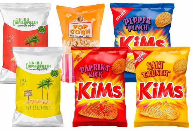 Et utvalg av seks forskjellige snacks poser