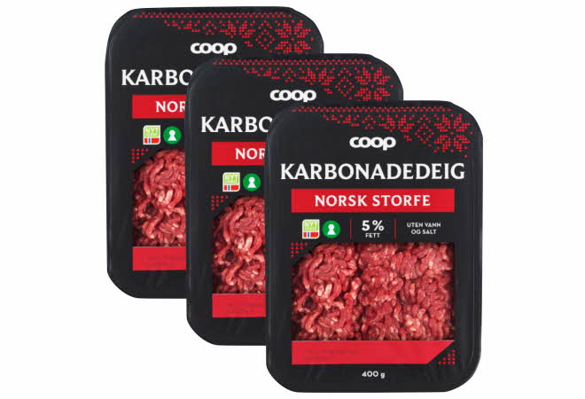 Tre pakker Coop karbonadedeig av norsk storfe, 400 g.