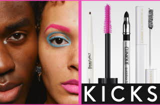 Tre kosmetiske produkter: en rosa mascara, en svart eyeliner og en hvit mascara.