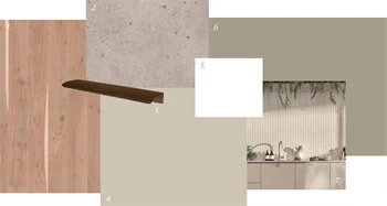 Grafikk viser illustrasjon av stilpakke 2 i Heggedal Hage, med vegger i beige og lys parkett