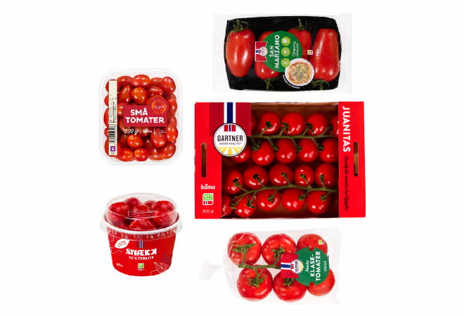 Fem forskjellige pakker med tomater.