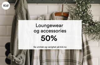 Inspirasjonsbilde av varer fra Kid Interiør med tekst: "loungewear og accessories 50%" 