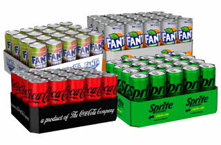 Fire pakker med brus: Fanta Zero Sugar, Coca-Cola Zero Sugar og Sprite Lemon Lime.