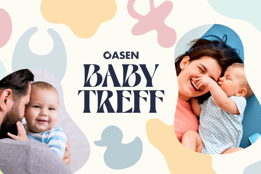 Oasen Babytreff bestående av små grafiske figurer og bilder av foreldre med baby