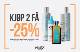 Bilde med hårprodukter og teksten "Kjøp 2 få -25%. Gjelder ikke Maria Nila, Sebastien, elektriske"