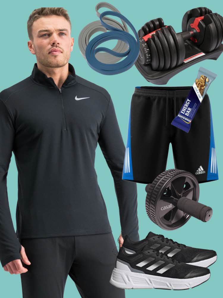 Mann med treningsklær og ulike produkter; strikk, shorts, vekter og joggesko