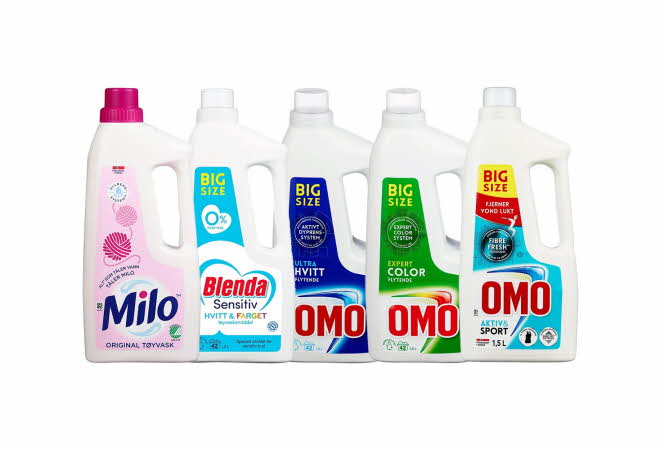 Vaskemiddel fra Milo, Blenda og Omo.