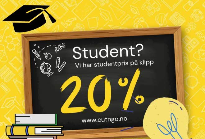 En tavle med teksten "Studen? Vi har studentpris på klipp 20%"