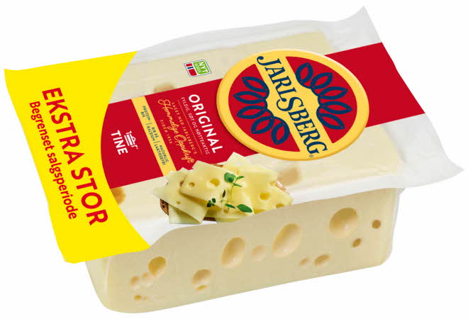 Pakke med Jarlsberg Original ost i ekstra stor størrelse, gul emballasje med rød etikett.