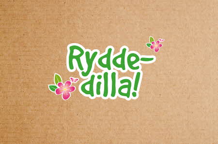 Pappbakgrunn med teksten "Rydde-dilla" og to rose blomstre
