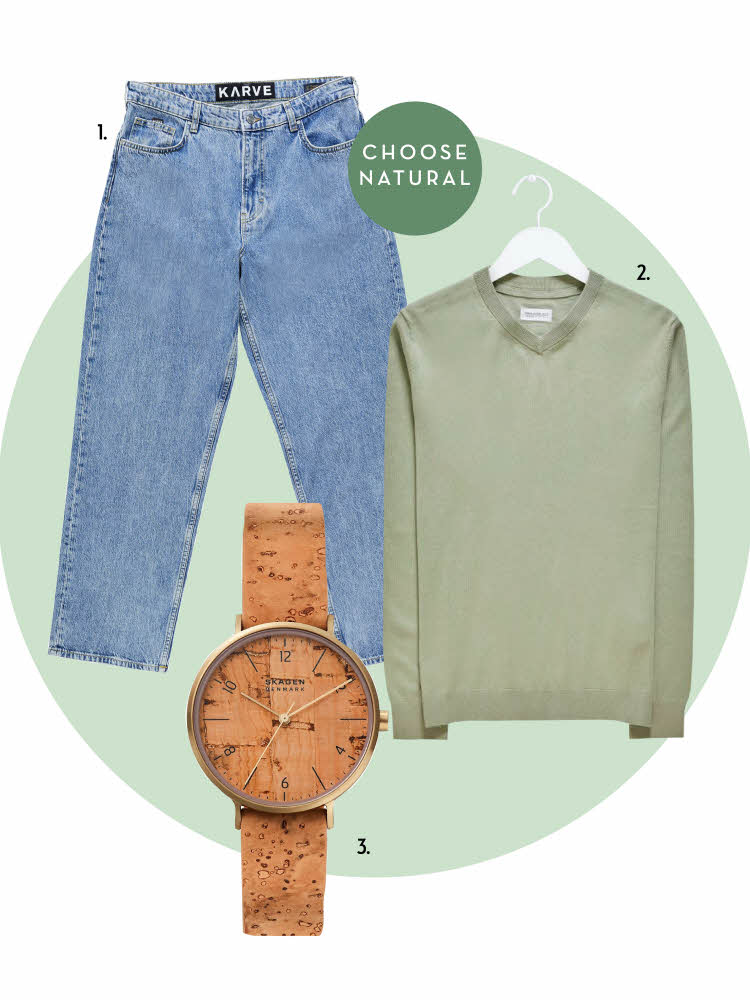 collage som viser jeans, grønn collagegenser og en brun klokke