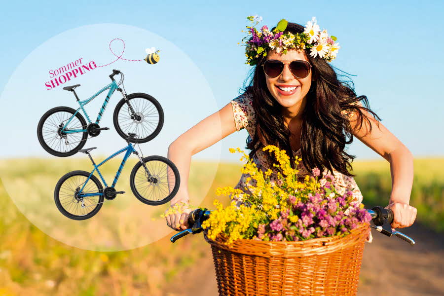 Dame som sykler med blomster i kurven og en boble med to sykler i