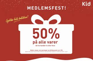 Rød bakgrunn med Kid logo og tekst: "medlemsfest! 50% på alle varer"