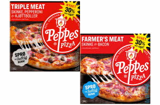 To pizzaesker fra Peppes Pizza med variantene Triple Meat og Farmer’s Meat.